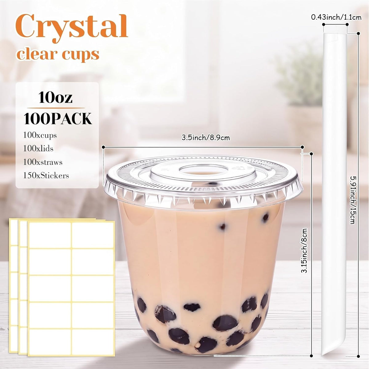 50 Sets Clear Plastic Cups with Lids, Straws and Stickers,12 oz
