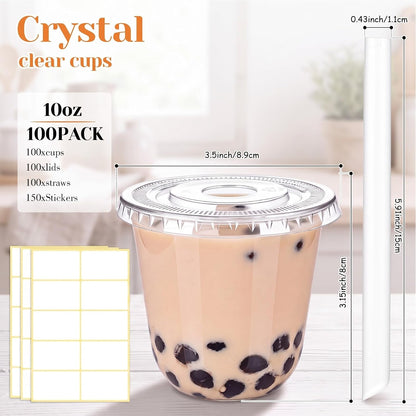 50 Sets Clear Plastic Cups with Lids, Straws and Stickers,12 oz