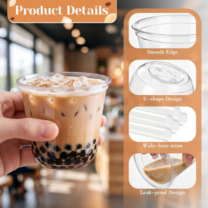 50 Sets Clear Plastic Cups with Lids, Straws and Stickers,12 oz