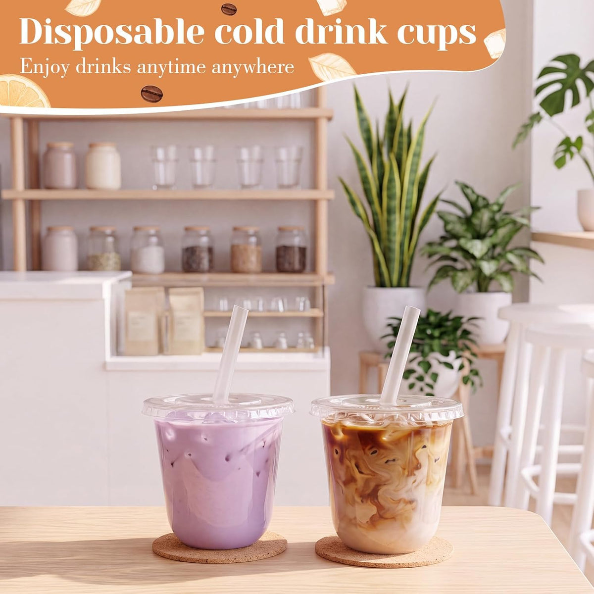 50 Sets Clear Plastic Cups with Lids, Straws and Stickers,12 oz