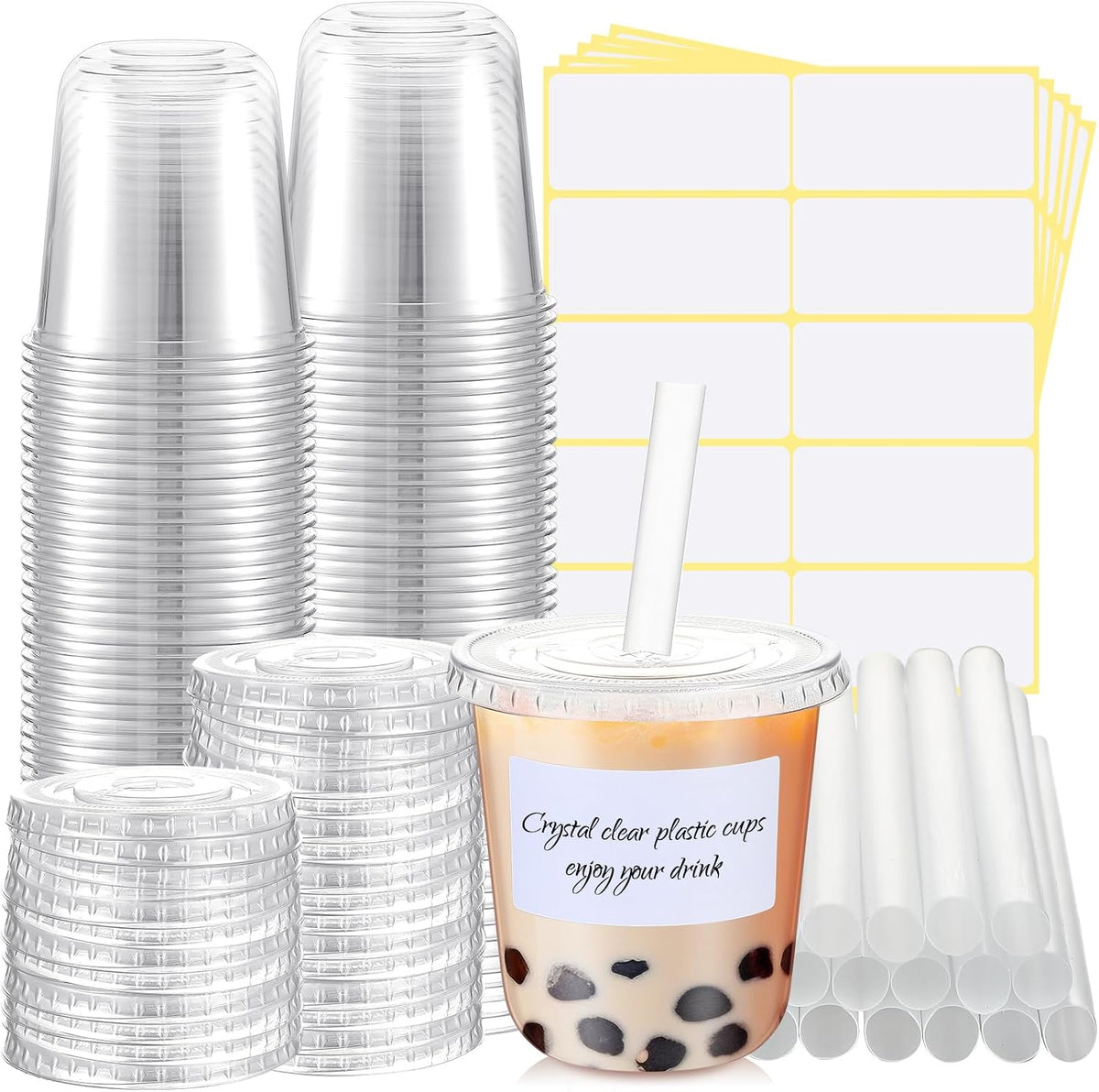 50 Sets Clear Plastic Cups with Lids, Straws and Stickers,12 oz