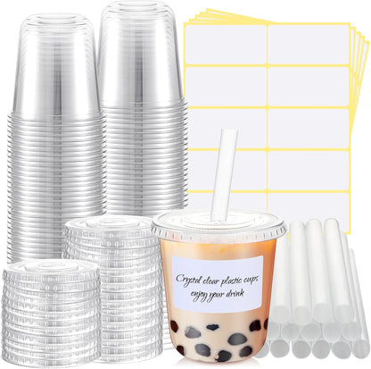 50 Sets Clear Plastic Cups with Lids, Straws and Stickers,12 oz