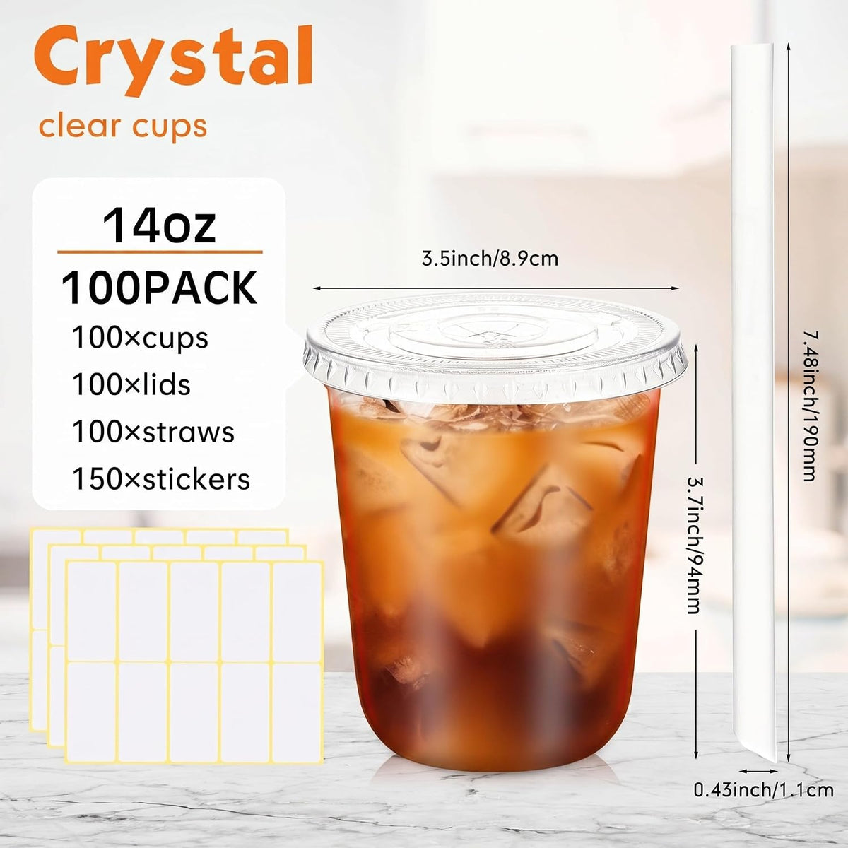 50 Sets Clear Plastic Cups with Lids, Straws and Stickers,12 oz