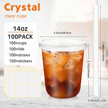 50 Sets Clear Plastic Cups with Lids, Straws and Stickers,12 oz