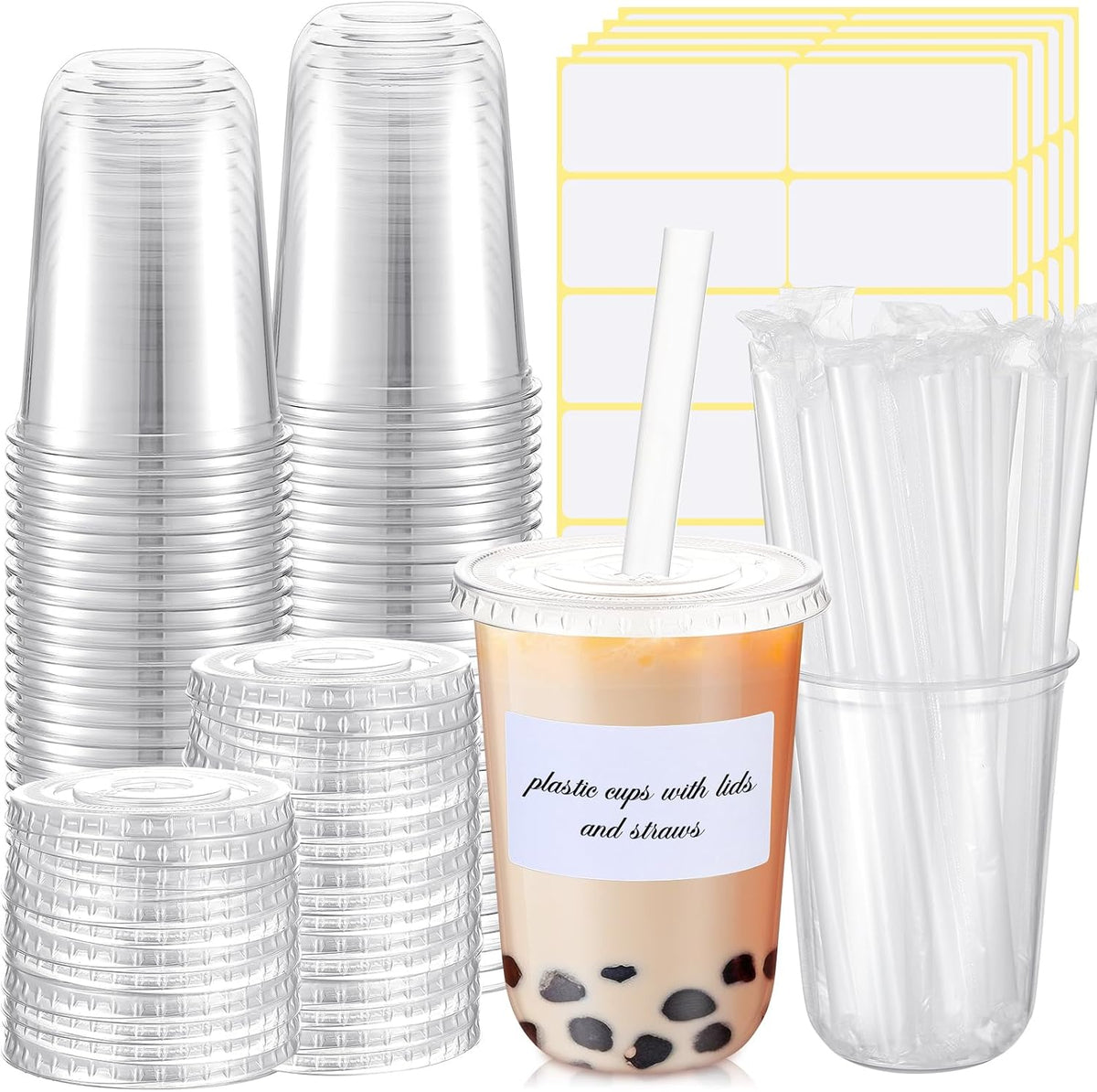 50 Sets Clear Plastic Cups with Lids, Straws and Stickers,12 oz