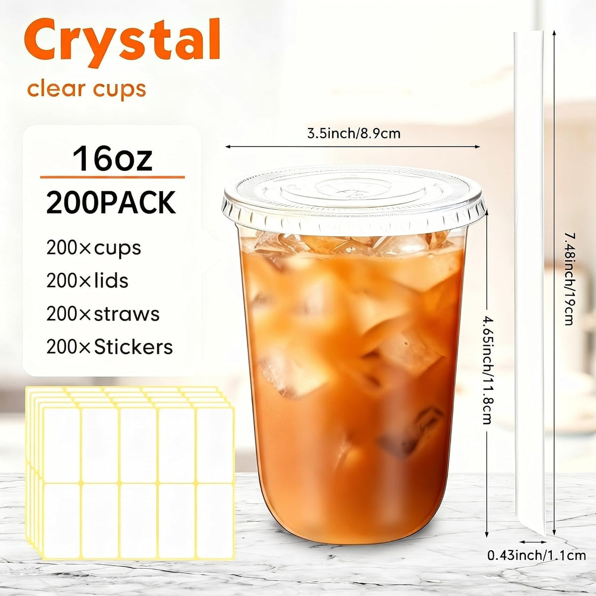 50 Sets Clear Plastic Cups with Lids, Straws and Stickers,12 oz