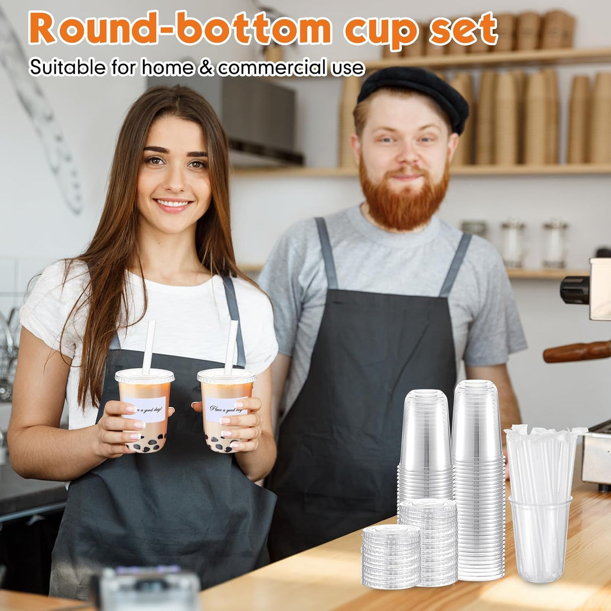 50 Sets Clear Plastic Cups with Lids, Straws and Stickers,12 oz