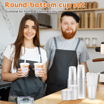50 Sets Clear Plastic Cups with Lids, Straws and Stickers,12 oz