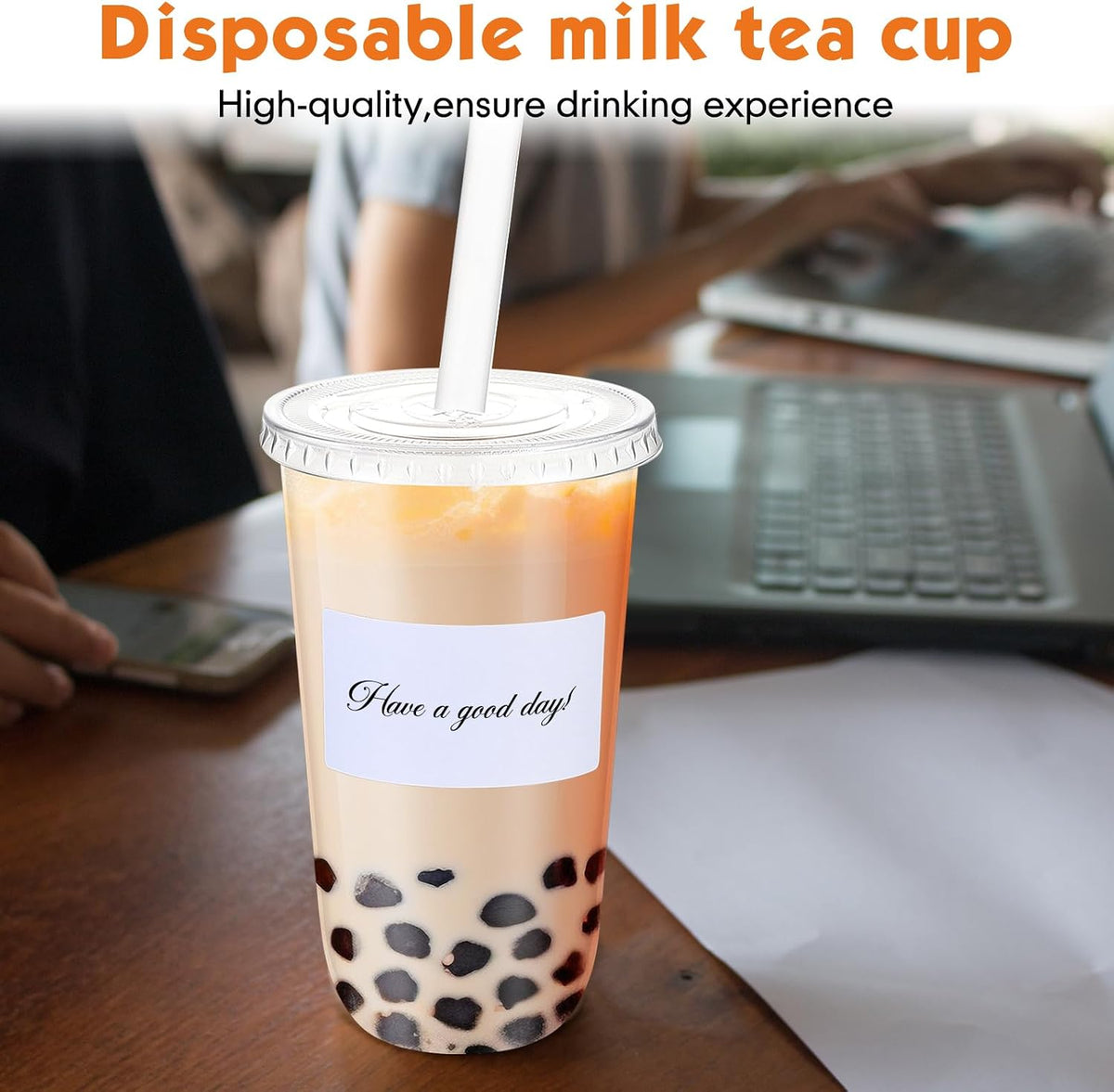 50 Sets Clear Plastic Cups with Lids, Straws and Stickers,12 oz