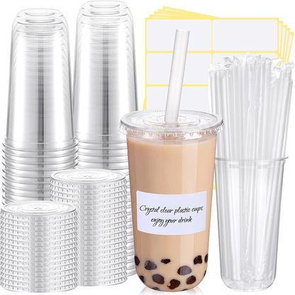 50 Sets Clear Plastic Cups with Lids, Straws and Stickers,12 oz