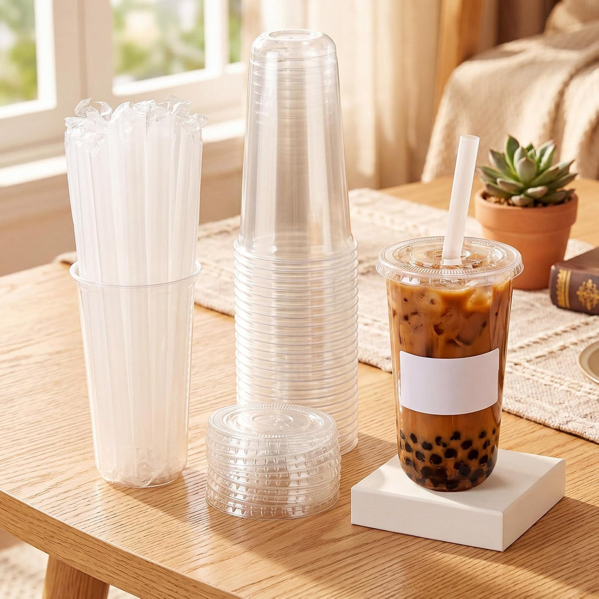 50 Sets Clear Plastic Cups with Lids, Straws and Stickers,12 oz