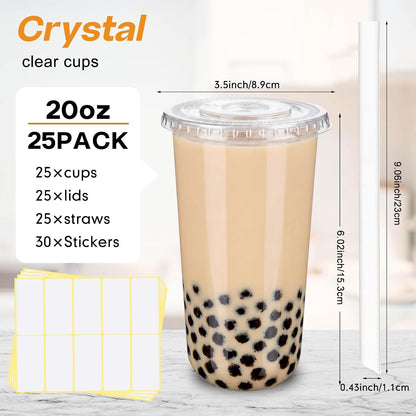 50 Sets Clear Plastic Cups with Lids, Straws and Stickers,12 oz