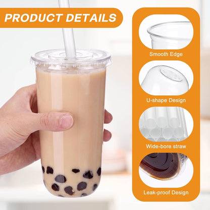 50 Sets Clear Plastic Cups with Lids, Straws and Stickers,12 oz