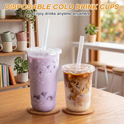 50 Sets Clear Plastic Cups with Lids, Straws and Stickers,12 oz