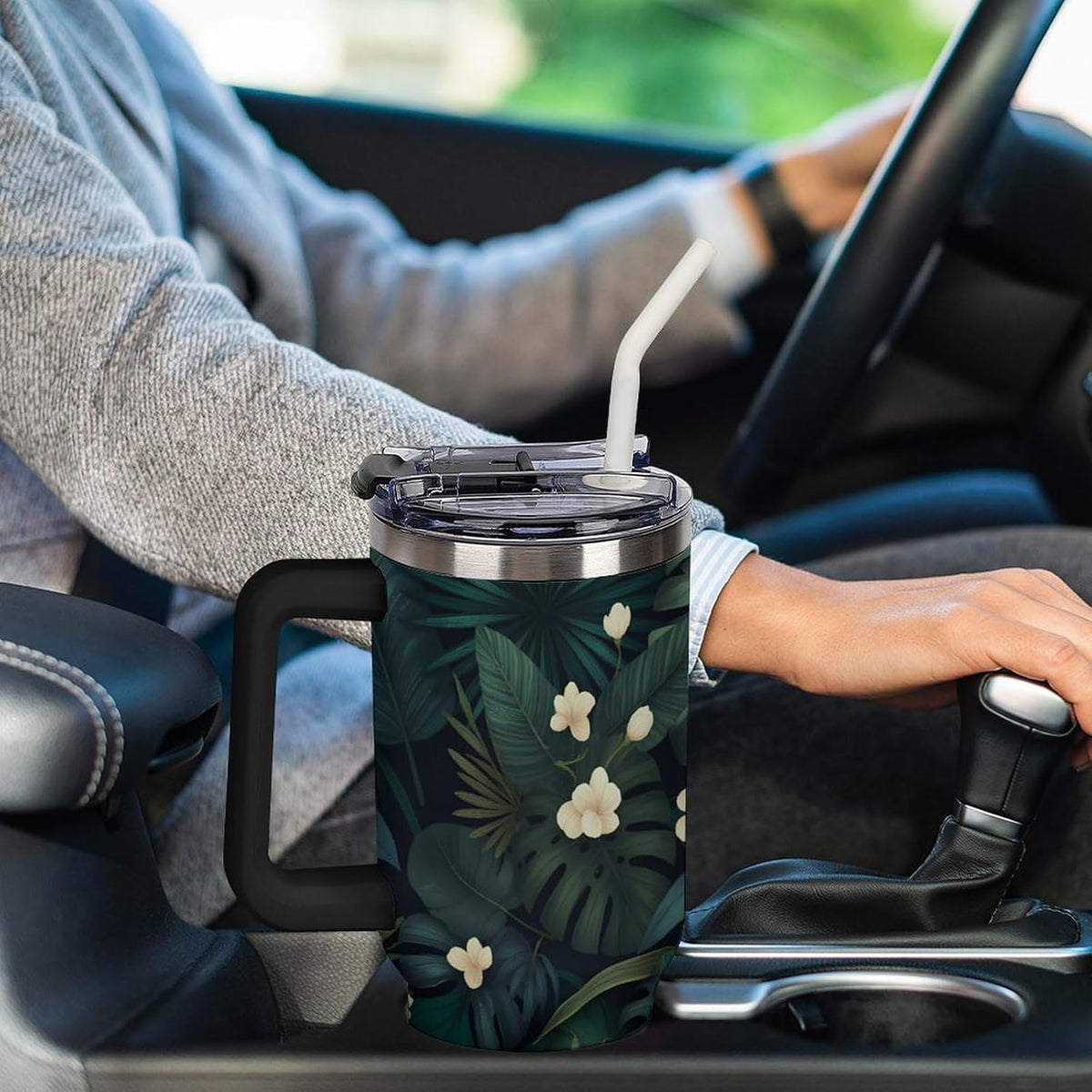 Leakproof Tumbler Vacuum Sealed Car Holder Friendly For Travel Simple Minimalist White Poppy Flower Pattern Coffee Mug Light Rose Red-style-27 - Colors E