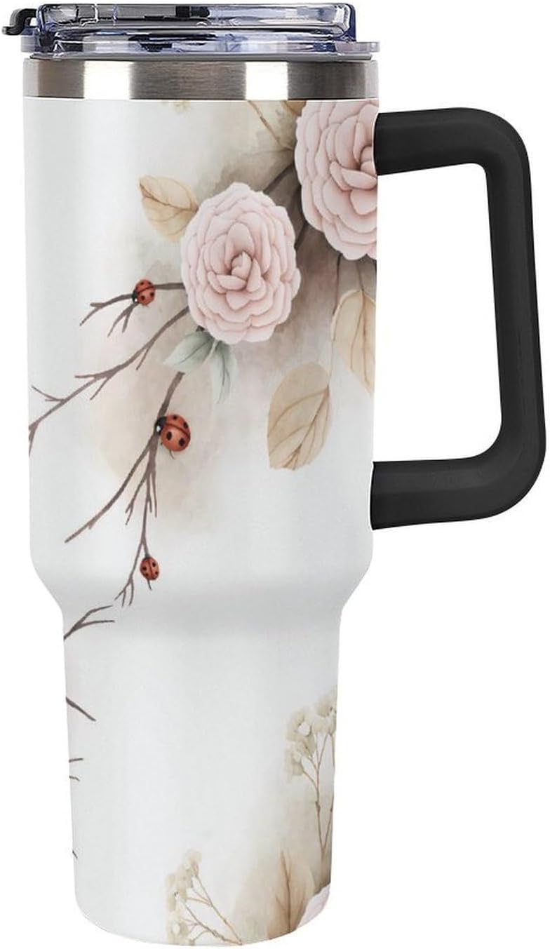 Leakproof Tumbler Vacuum Sealed Car Holder Friendly For Travel Simple Minimalist White Poppy Flower Pattern Coffee Mug Light Rose Red-style-27 - Colors E