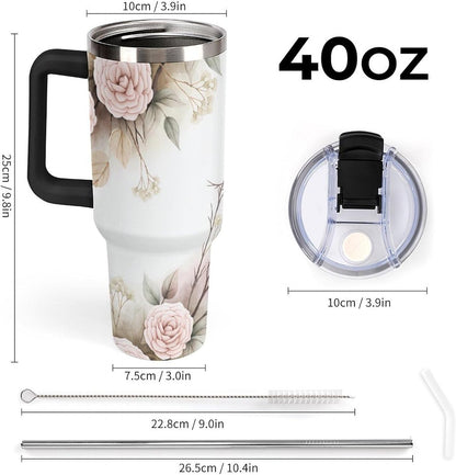 Leakproof Tumbler Vacuum Sealed Car Holder Friendly For Travel Simple Minimalist White Poppy Flower Pattern Coffee Mug Light Rose Red-style-27 - Colors E