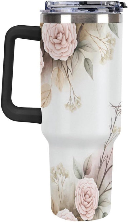 Leakproof Tumbler Vacuum Sealed Car Holder Friendly For Travel Simple Minimalist White Poppy Flower Pattern Coffee Mug Light Rose Red-style-27 - Colors E