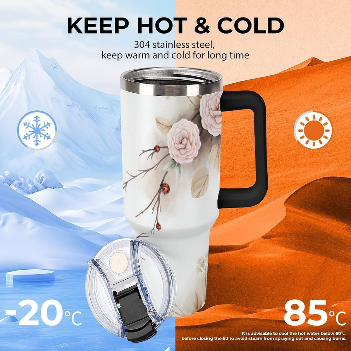 Leakproof Tumbler Vacuum Sealed Car Holder Friendly For Travel Simple Minimalist White Poppy Flower Pattern Coffee Mug Light Rose Red-style-27 - Colors E