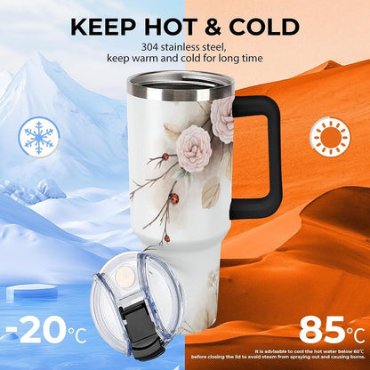 Leakproof Tumbler Vacuum Sealed Car Holder Friendly For Travel Simple Minimalist White Poppy Flower Pattern Coffee Mug Light Rose Red-style-27 - Colors E