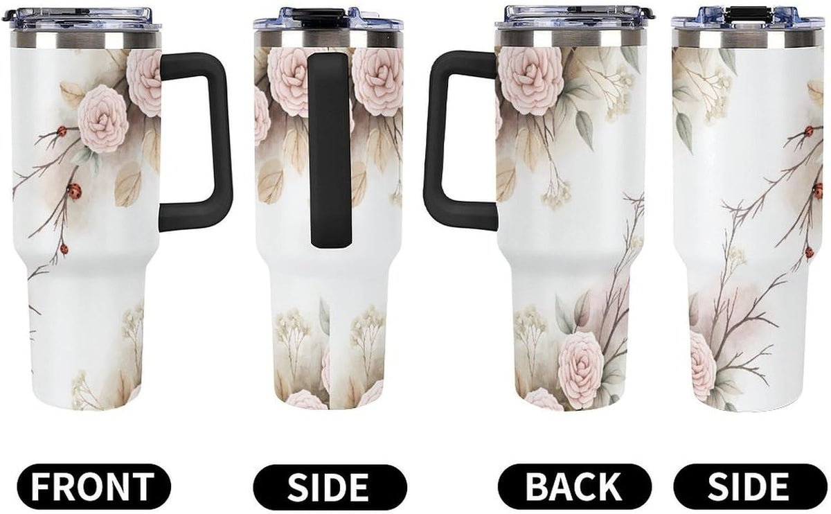 Leakproof Tumbler Vacuum Sealed Car Holder Friendly For Travel Simple Minimalist White Poppy Flower Pattern Coffee Mug Light Rose Red-style-27 - Colors E