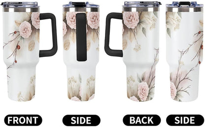 Leakproof Tumbler Vacuum Sealed Car Holder Friendly For Travel Simple Minimalist White Poppy Flower Pattern Coffee Mug Light Rose Red-style-27 - Colors E