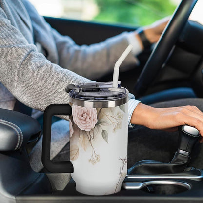 Leakproof Tumbler Vacuum Sealed Car Holder Friendly For Travel Simple Minimalist White Poppy Flower Pattern Coffee Mug Light Rose Red-style-27 - Colors E