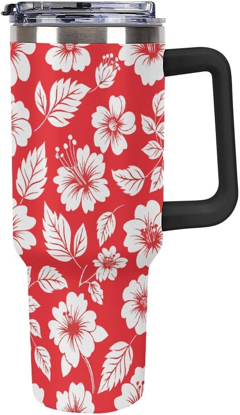 Leakproof Tumbler Vacuum Sealed Car Holder Friendly For Travel Simple Minimalist White Poppy Flower Pattern Coffee Mug Light Rose Red-style-27 - Colors E