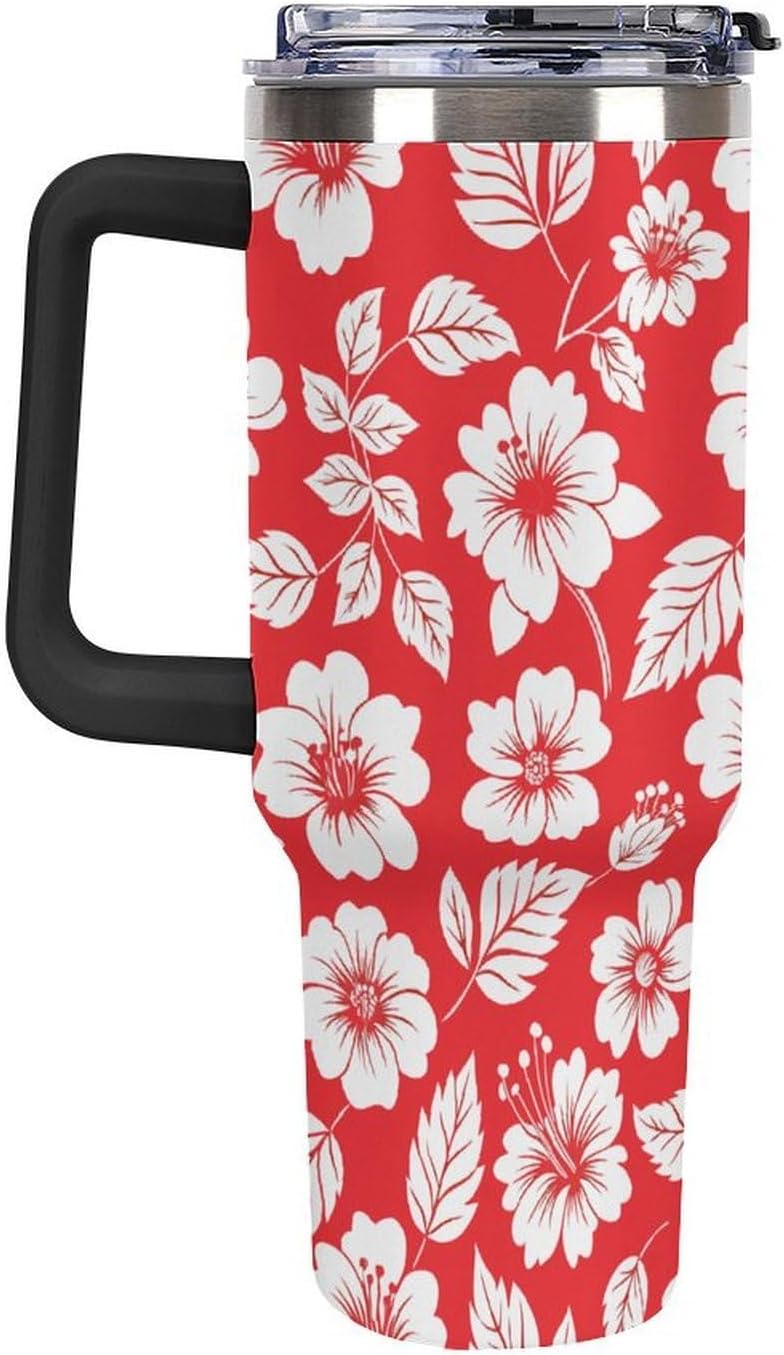 Leakproof Tumbler Vacuum Sealed Car Holder Friendly For Travel Simple Minimalist White Poppy Flower Pattern Coffee Mug Light Rose Red-style-27 - Colors E