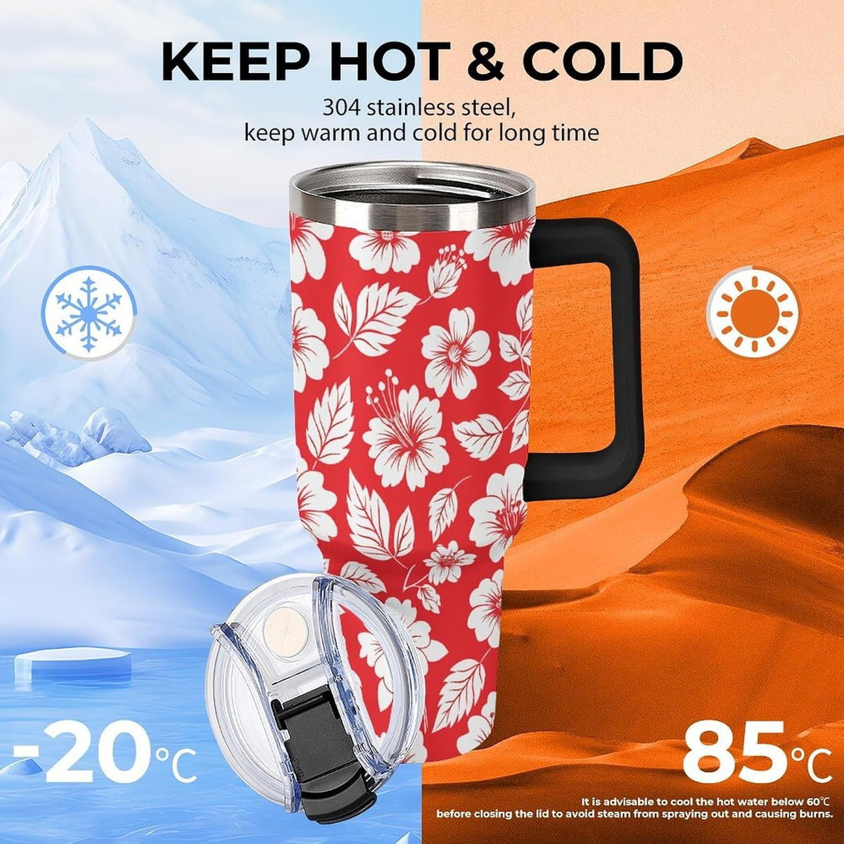 Leakproof Tumbler Vacuum Sealed Car Holder Friendly For Travel Simple Minimalist White Poppy Flower Pattern Coffee Mug Light Rose Red-style-27 - Colors E