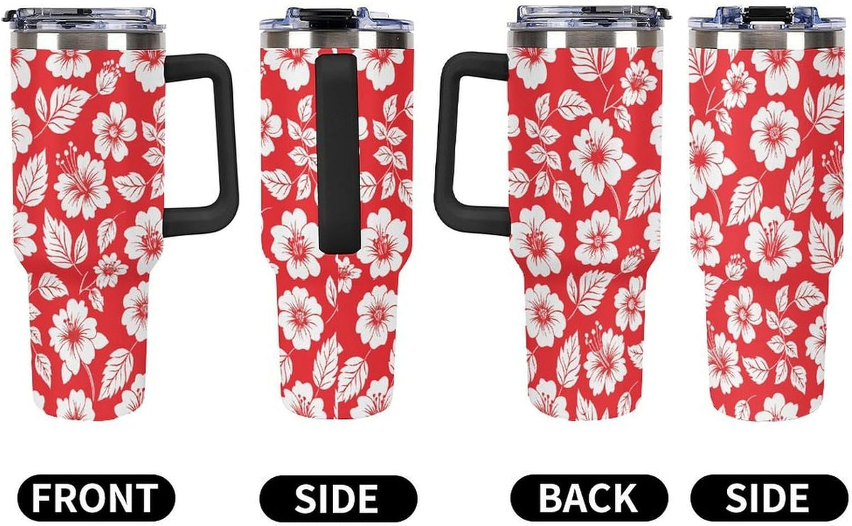 Leakproof Tumbler Vacuum Sealed Car Holder Friendly For Travel Simple Minimalist White Poppy Flower Pattern Coffee Mug Light Rose Red-style-27 - Colors E