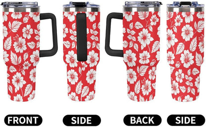 Leakproof Tumbler Vacuum Sealed Car Holder Friendly For Travel Simple Minimalist White Poppy Flower Pattern Coffee Mug Light Rose Red-style-27 - Colors E