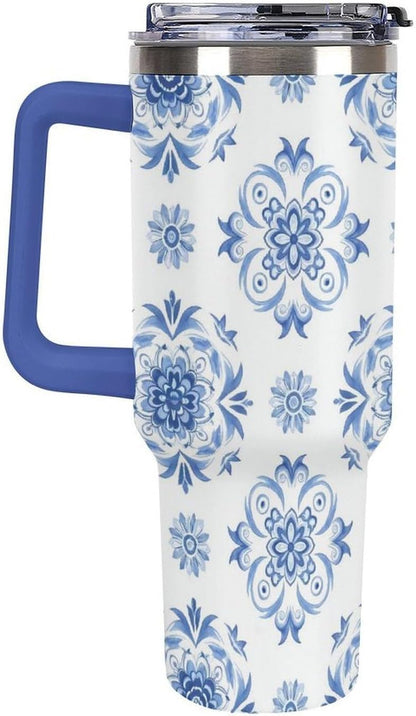 Leakproof Tumbler Vacuum Sealed Car Holder Friendly For Travel Simple Minimalist White Poppy Flower Pattern Coffee Mug Light Rose Red-style-27 - Colors E
