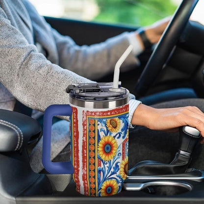 Leakproof Tumbler Vacuum Sealed Car Holder Friendly For Travel Simple Minimalist White Poppy Flower Pattern Coffee Mug Light Rose Red-style-27 - Colors E
