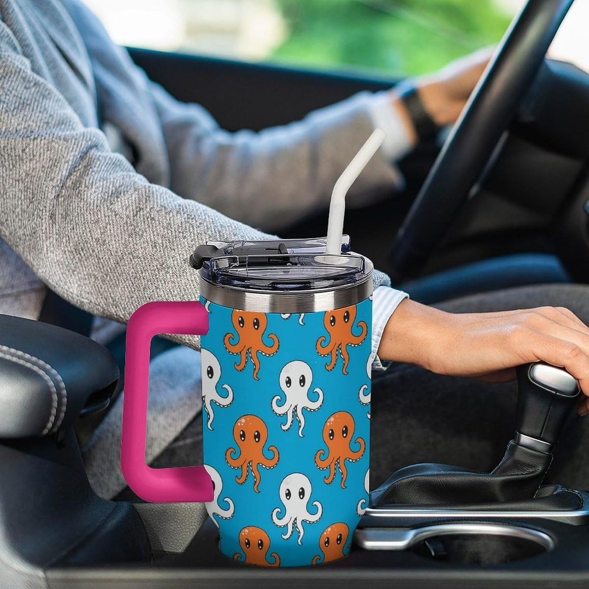Leakproof Tumbler Vacuum Sealed Car Holder Friendly For Travel Simple Minimalist White Poppy Flower Pattern Coffee Mug Light Rose Red-style-27 - Colors E