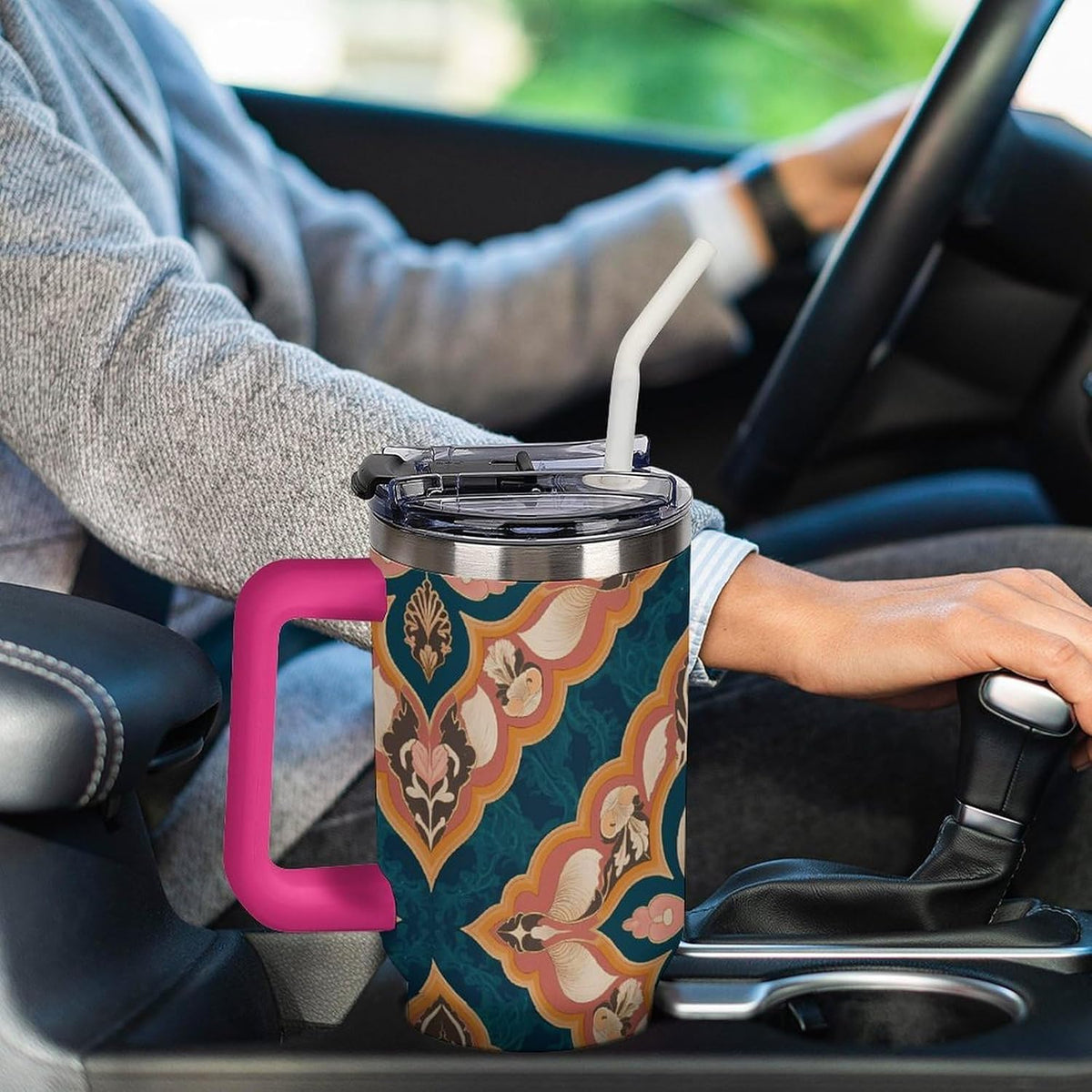 Leakproof Tumbler Vacuum Sealed Car Holder Friendly For Travel Simple Minimalist White Poppy Flower Pattern Coffee Mug Light Rose Red-style-27 - Colors E