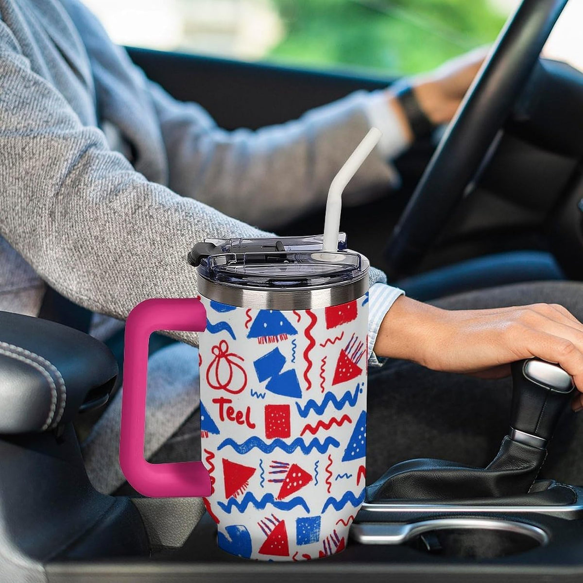 Leakproof Tumbler Vacuum Sealed Car Holder Friendly For Travel Simple Minimalist White Poppy Flower Pattern Coffee Mug Light Rose Red-style-27 - Colors E