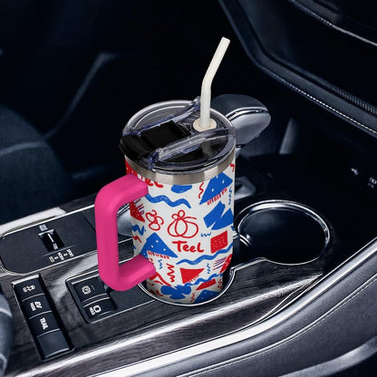 Leakproof Tumbler Vacuum Sealed Car Holder Friendly For Travel Simple Minimalist White Poppy Flower Pattern Coffee Mug Light Rose Red-style-27 - Colors E