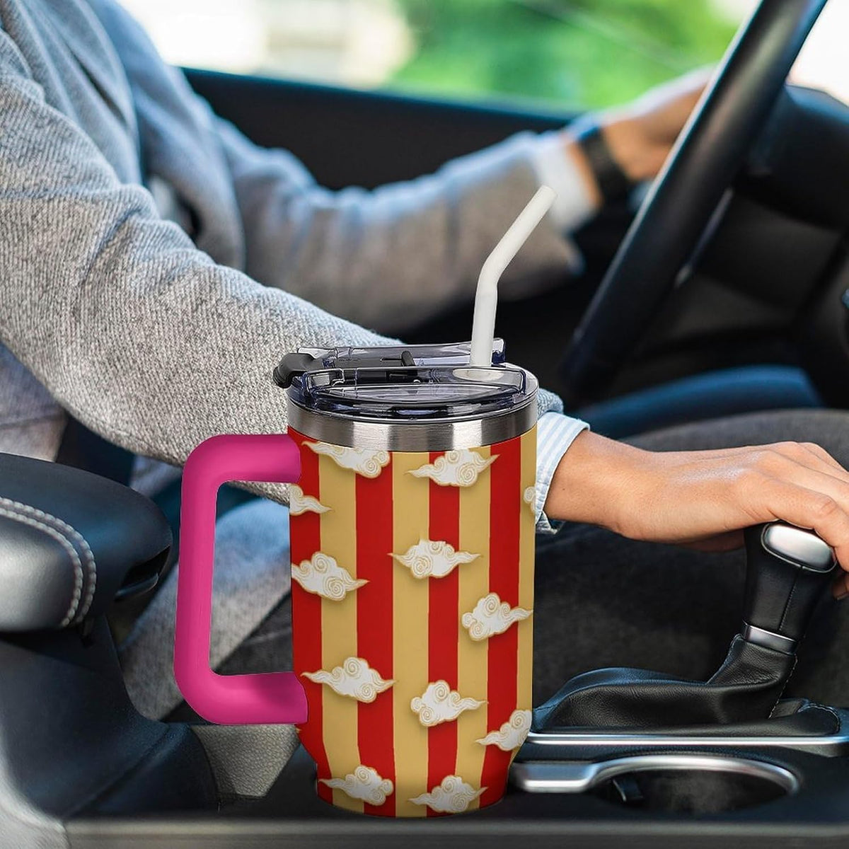 Leakproof Tumbler Vacuum Sealed Car Holder Friendly For Travel Simple Minimalist White Poppy Flower Pattern Coffee Mug Light Rose Red-style-27 - Colors E