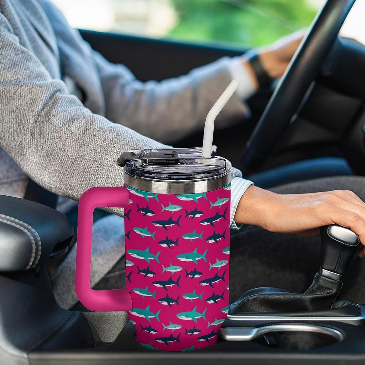 Leakproof Tumbler Vacuum Sealed Car Holder Friendly For Travel Simple Minimalist White Poppy Flower Pattern Coffee Mug Light Rose Red-style-27 - Colors E