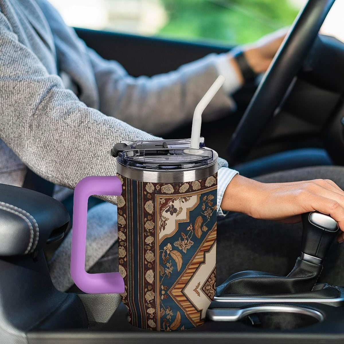 Leakproof Tumbler Vacuum Sealed Car Holder Friendly For Travel Simple Minimalist White Poppy Flower Pattern Coffee Mug Light Rose Red-style-27 - Colors E