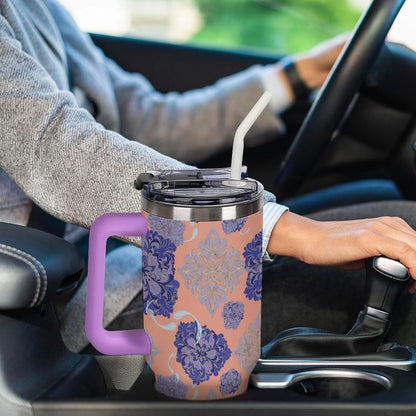 Leakproof Tumbler Vacuum Sealed Car Holder Friendly For Travel Simple Minimalist White Poppy Flower Pattern Coffee Mug Light Rose Red-style-27 - Colors E