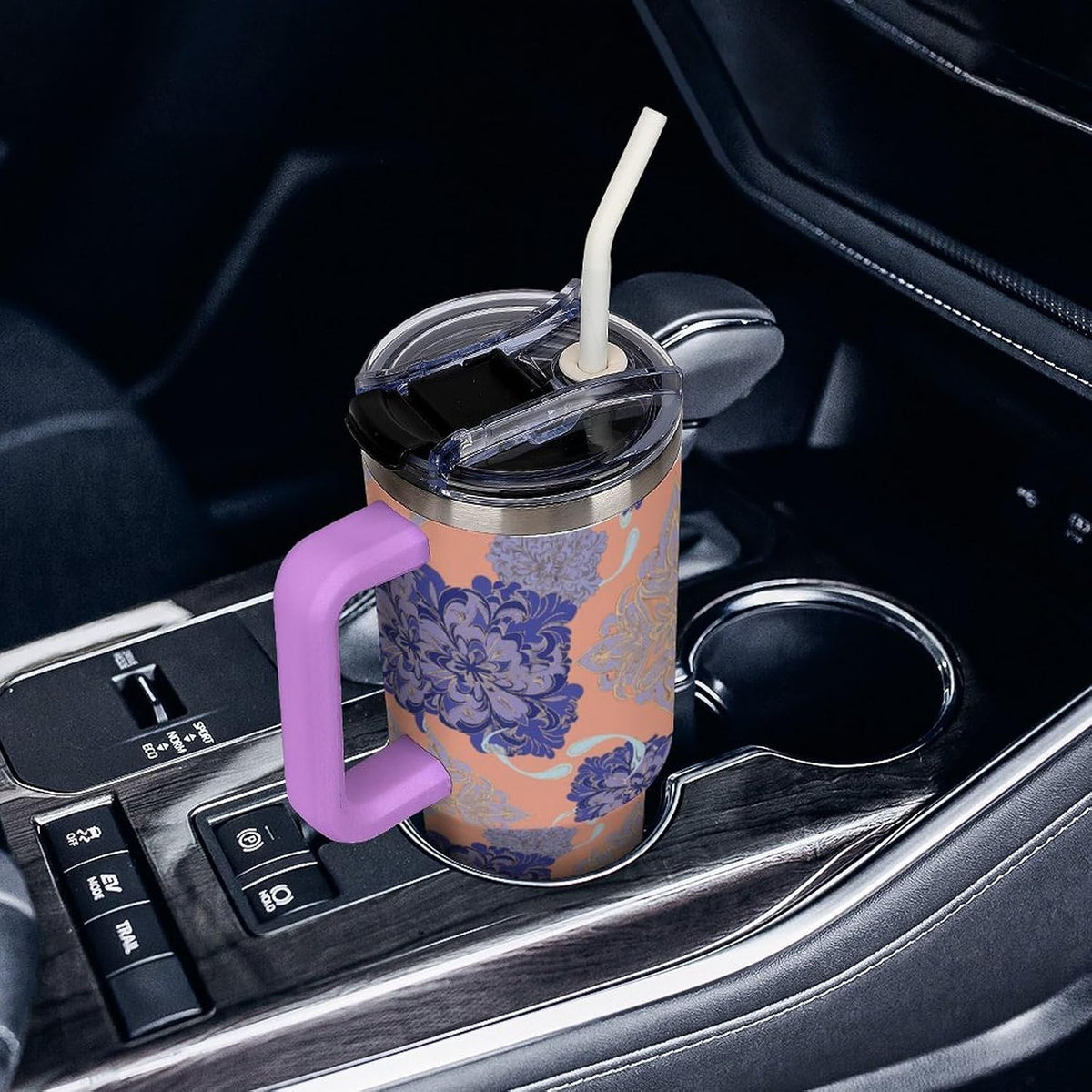 Leakproof Tumbler Vacuum Sealed Car Holder Friendly For Travel Simple Minimalist White Poppy Flower Pattern Coffee Mug Light Rose Red-style-27 - Colors E