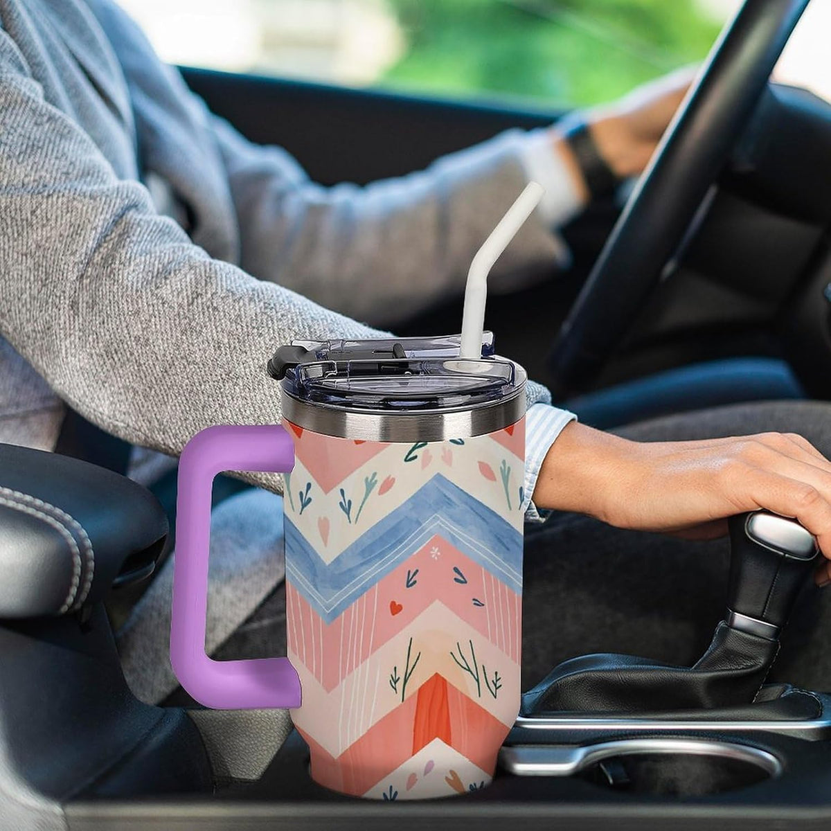 Leakproof Tumbler Vacuum Sealed Car Holder Friendly For Travel Simple Minimalist White Poppy Flower Pattern Coffee Mug Light Rose Red-style-27 - Colors E