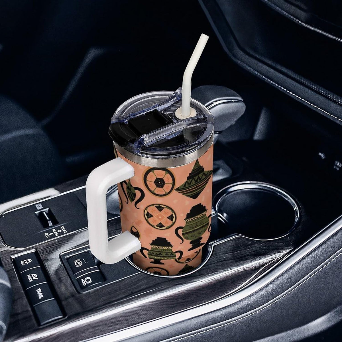 Leakproof Tumbler Vacuum Sealed Car Holder Friendly For Travel Simple Minimalist White Poppy Flower Pattern Coffee Mug Light Rose Red-style-27 - Colors E