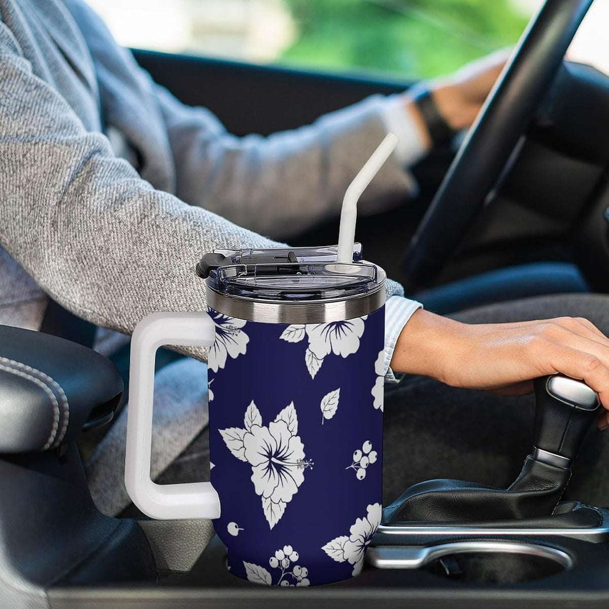 Leakproof Tumbler Vacuum Sealed Car Holder Friendly For Travel Simple Minimalist White Poppy Flower Pattern Coffee Mug Light Rose Red-style-27 - Colors E