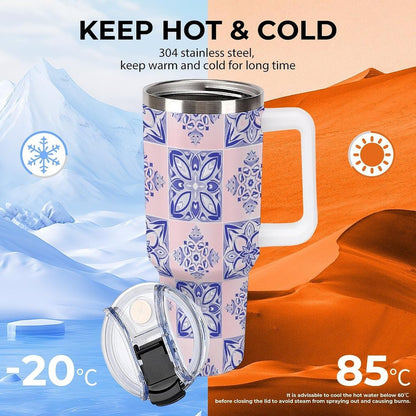 Leakproof Tumbler Vacuum Sealed Car Holder Friendly For Travel Simple Minimalist White Poppy Flower Pattern Coffee Mug Light Rose Red-style-27 - Colors E