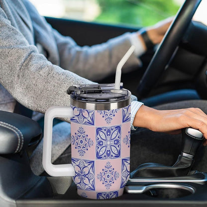 Leakproof Tumbler Vacuum Sealed Car Holder Friendly For Travel Simple Minimalist White Poppy Flower Pattern Coffee Mug Light Rose Red-style-27 - Colors E