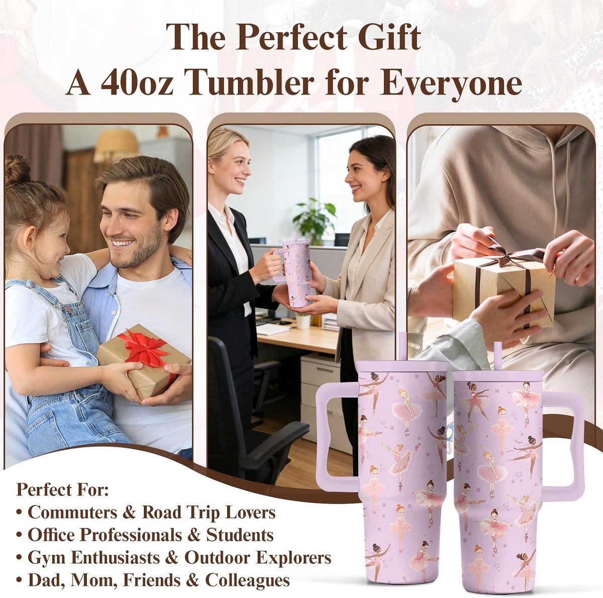 Elephant Tumbler 40oz with Handle and Straw - Funny White Elephant Gifts for Women Men, Office Christmas Gift for Coworkers, Insulated Travel Mug, Cute Elephant Cup