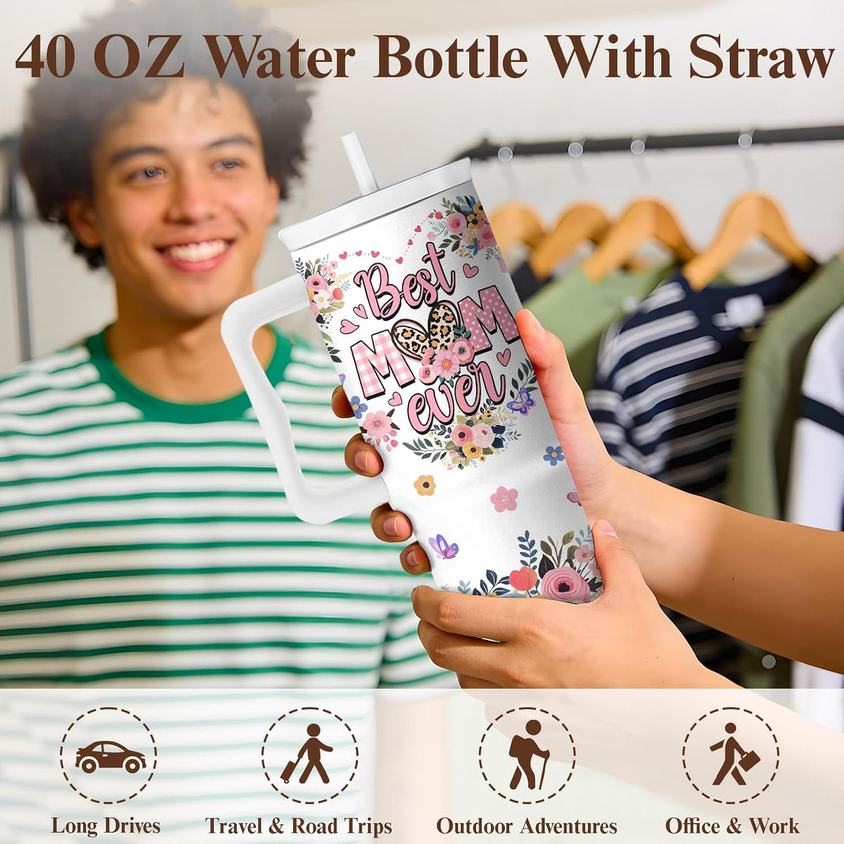 Elephant Tumbler 40oz with Handle and Straw - Funny White Elephant Gifts for Women Men, Office Christmas Gift for Coworkers, Insulated Travel Mug, Cute Elephant Cup